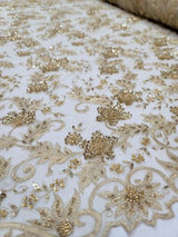 Orange Embroidery Lace Beaded Floral Fabric