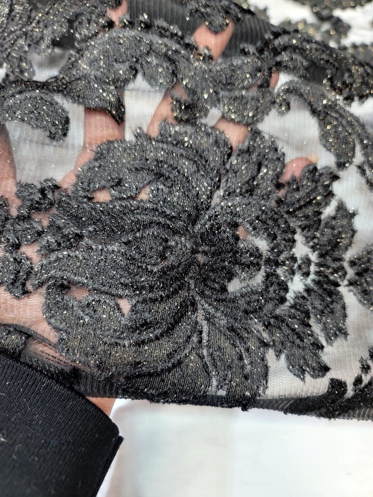 Embroidered Stretch Lace Fabric Black Gold Accent