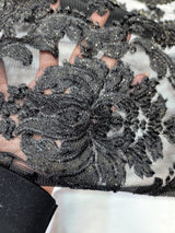 Embroidered Stretch Lace Fabric Black Gold Accent