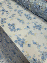 3D Floral Lace on Mesh Sky Blue and Light Yellow