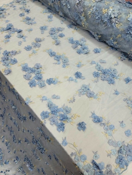 3D Floral Lace on Mesh Sky Blue and Light Yellow