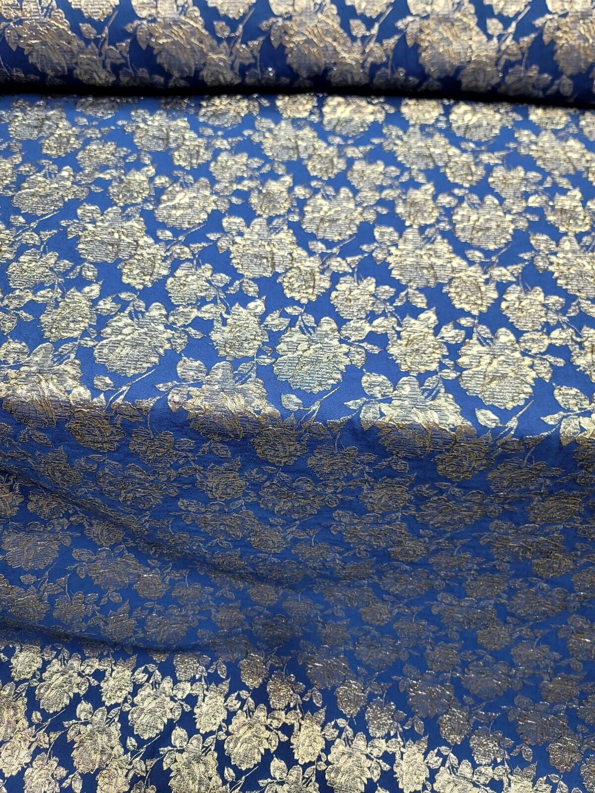 Royal Blue Brocade Fabric Metallic Silver Floral Emboss
