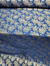 Royal Blue Brocade Fabric Metallic Silver Floral Emboss