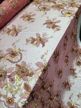 3D Floral Lace Fabric Coral Gold Rhinestone