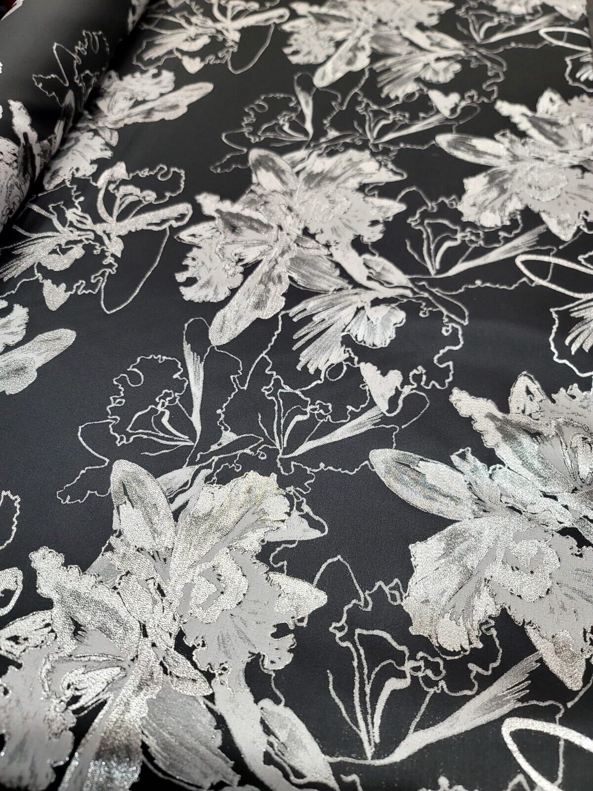 Silver Floral Black Brocade Fabric