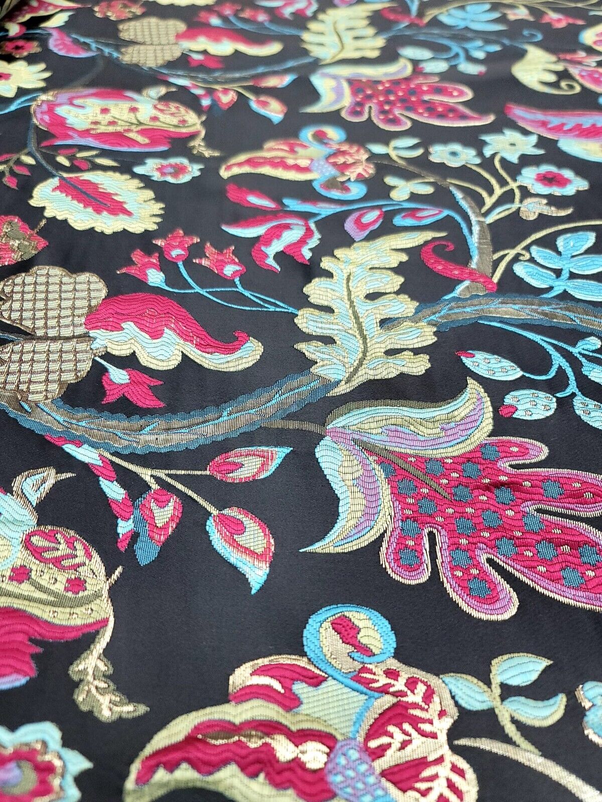 Brocade Jacquard Floral Fabric Green Fuchsia Blue