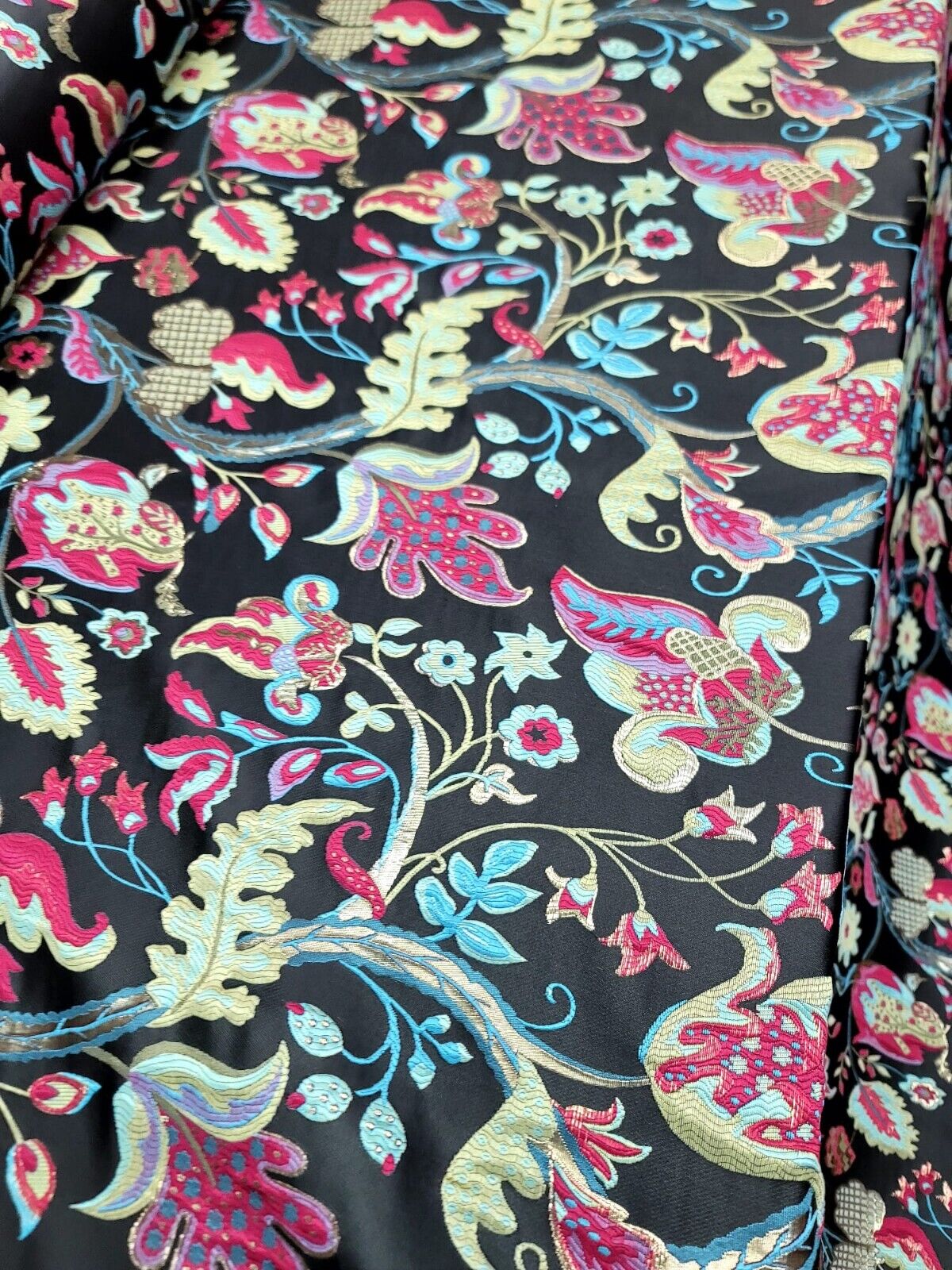 Brocade Jacquard Floral Fabric Green Fuchsia Blue
