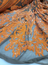 Orange Sequin Embroidered Lace Stretch Mesh Fabric