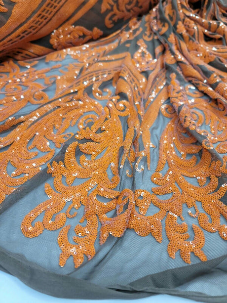 Orange Sequin Embroidered Lace Stretch Mesh Fabric