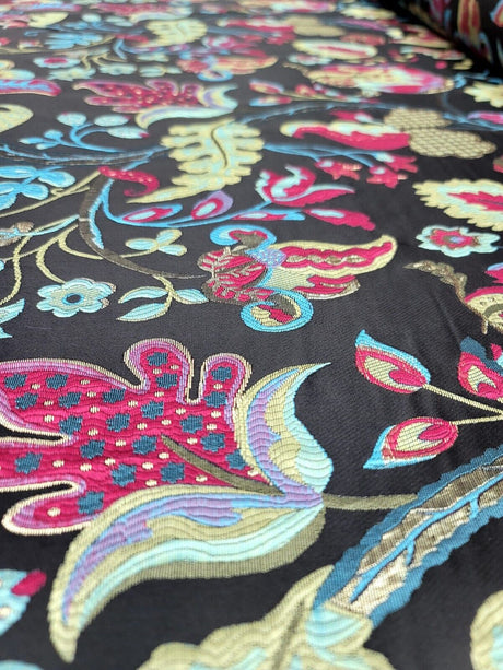 Brocade Jacquard Floral Fabric Green Fuchsia Blue