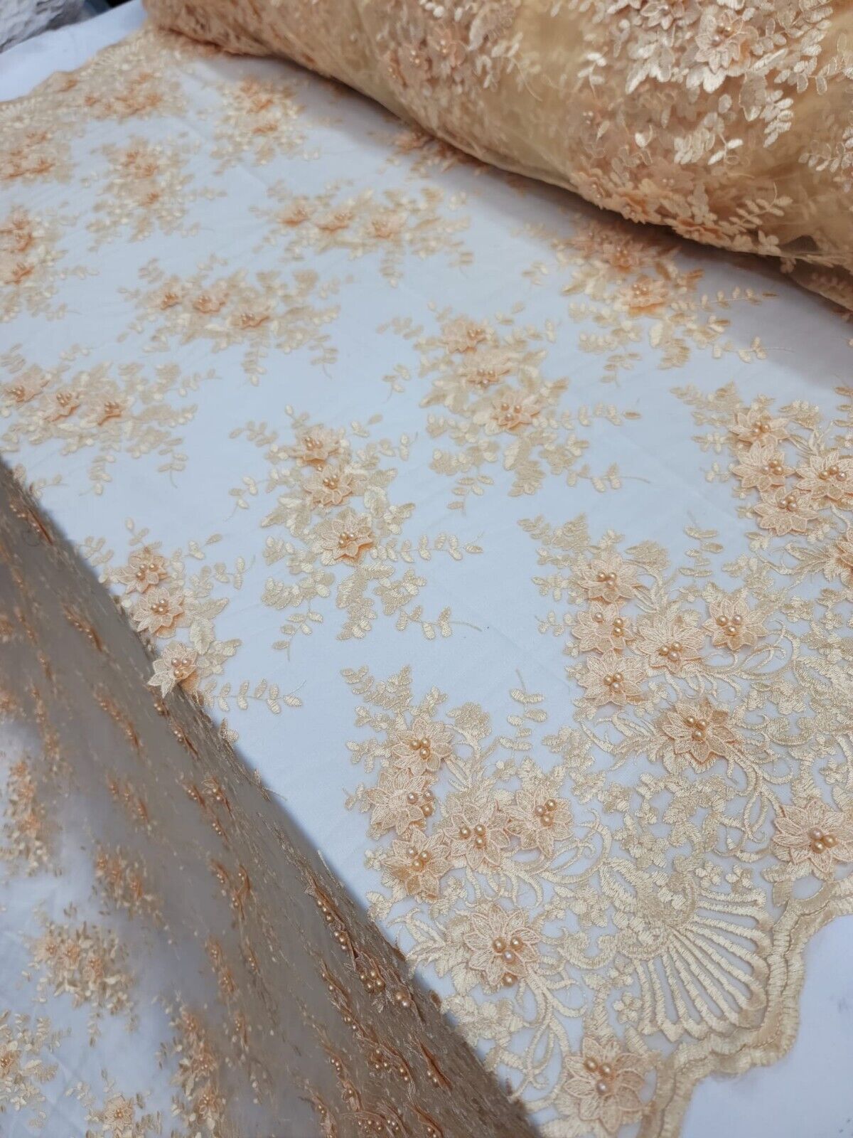 Beaded 3D Floral Lace Pale Yellow
