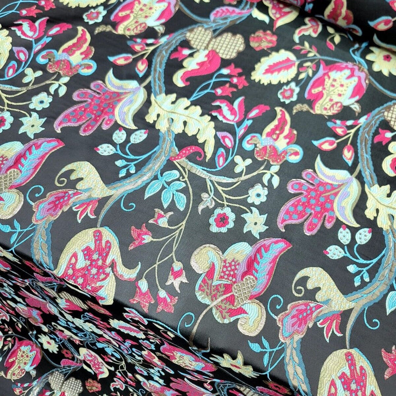 Brocade Jacquard Floral Fabric Green Fuchsia Blue
