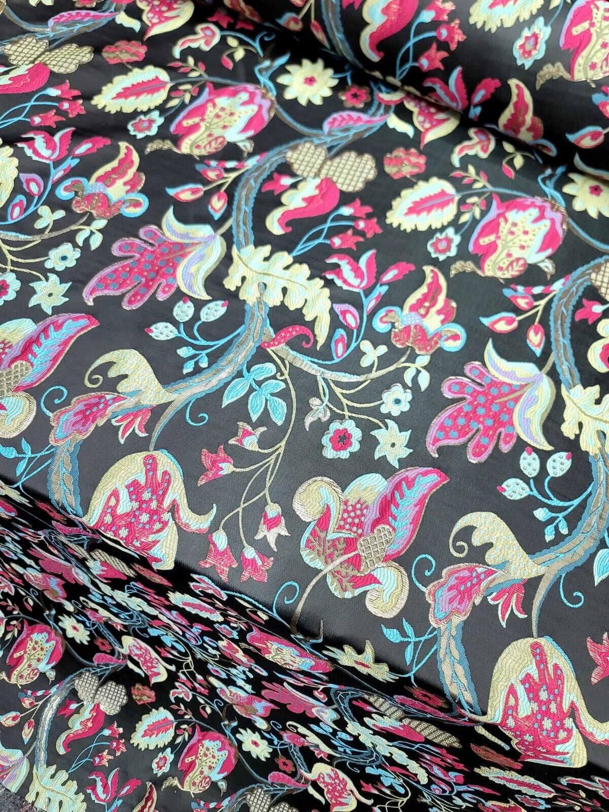 Brocade Jacquard Floral Fabric Green Fuchsia Blue