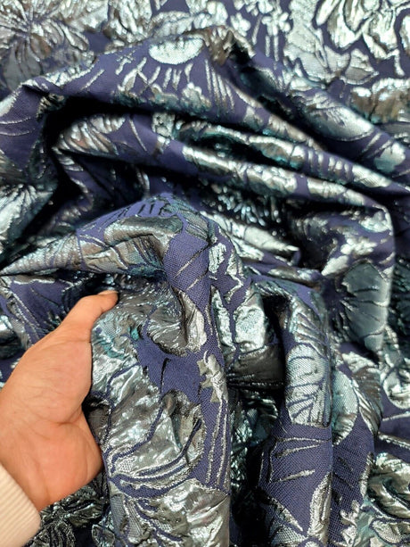 Metallic Blue Floral Brocade Fabric
