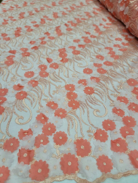 3D Floral Lace Coral Embroidery Sequin Fabric