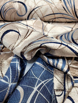 Brocade Jacquard Navy Blue Swirls Gold Metallic Beige
