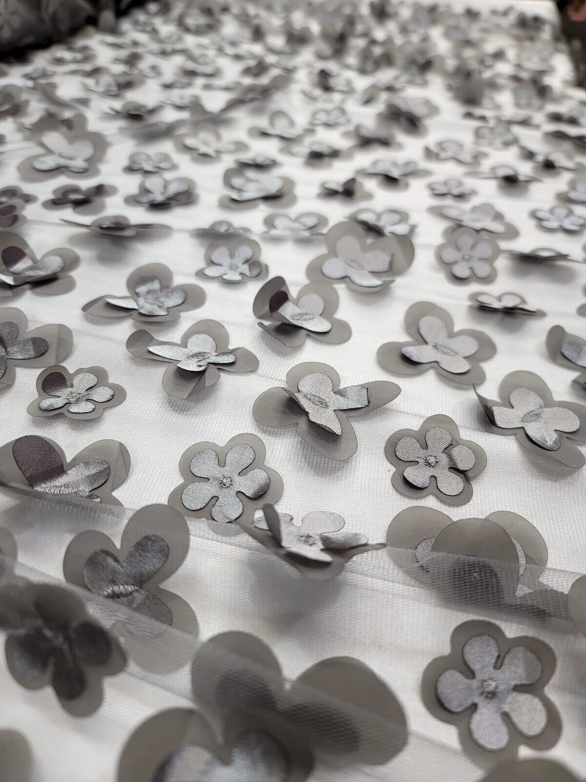 3D Floral Lace Gray Butterfly Fabric