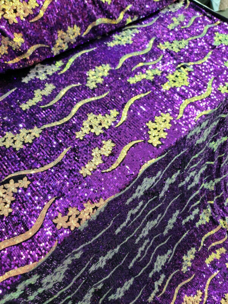 Purple Sequin Embroidery Stretch Velvet Fabric