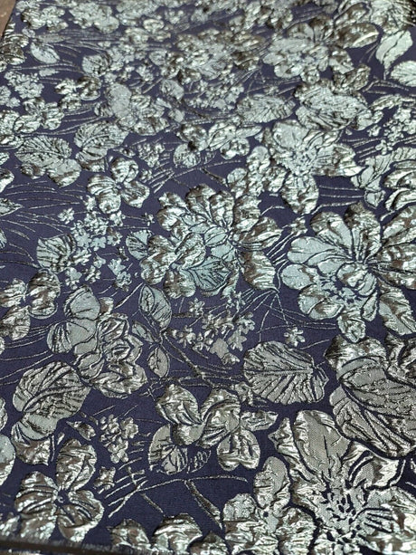 Metallic Blue Floral Brocade Fabric