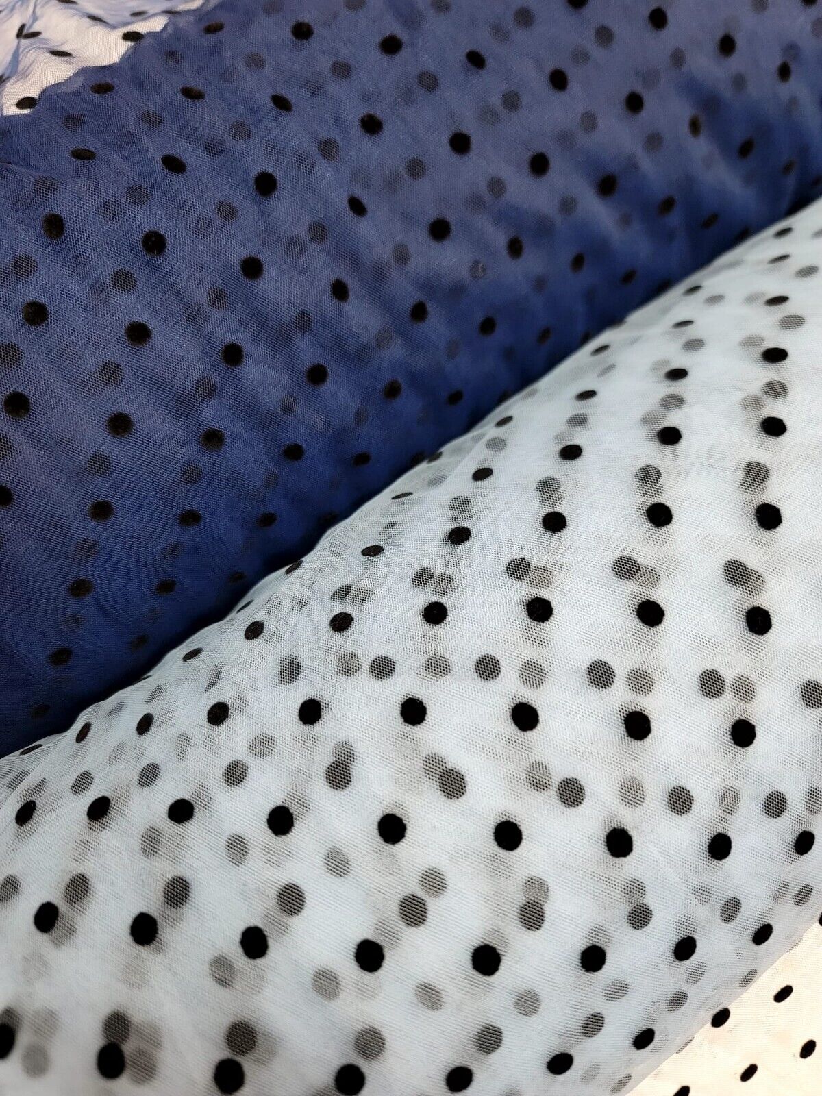 Tulle Mesh Fabric Navy Blue with Black Velvet Polka Dots