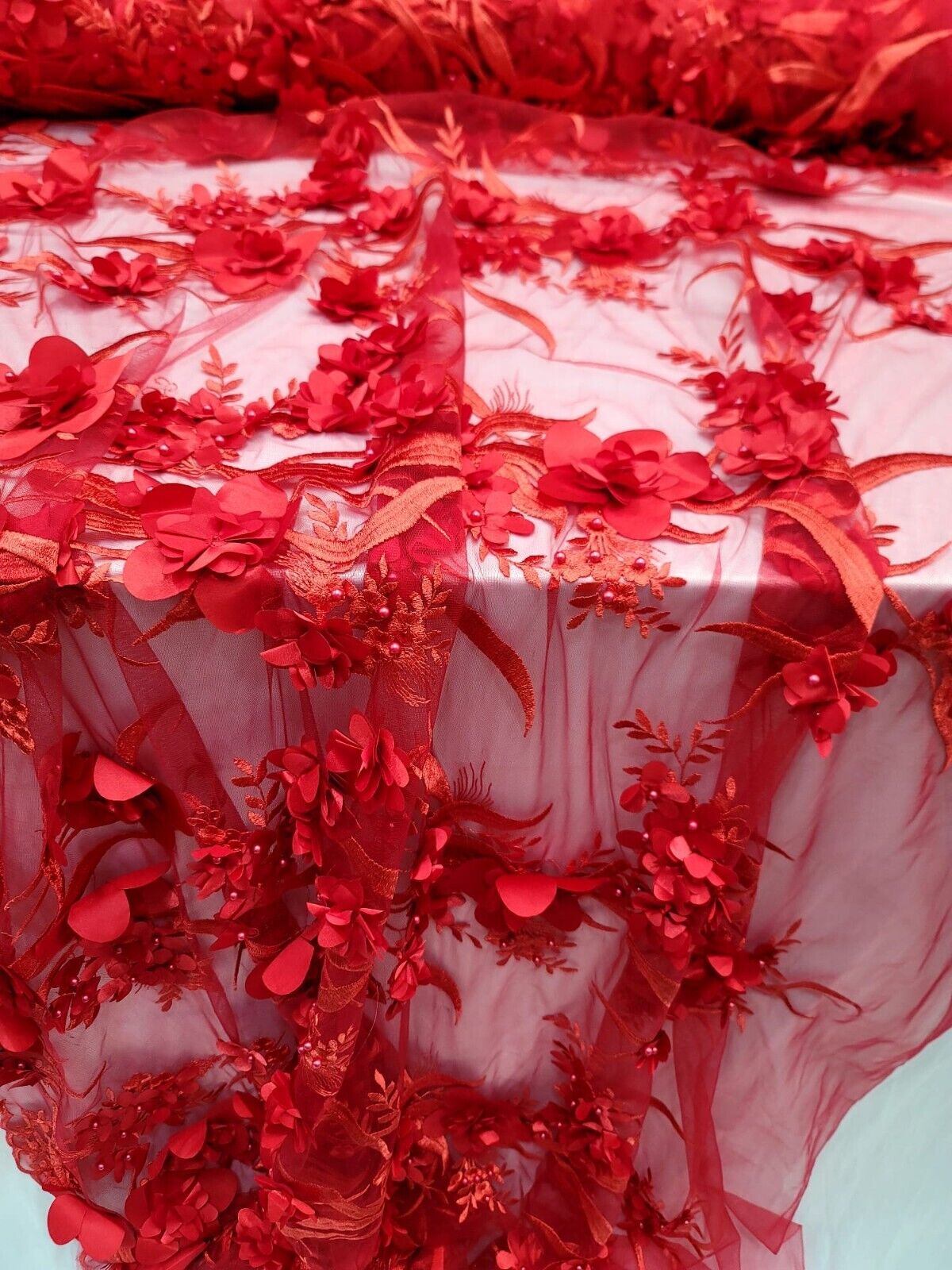 Red 3D Floral Embroidered Pearl Mesh Lace