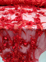 Red 3D Floral Embroidered Pearl Mesh Lace