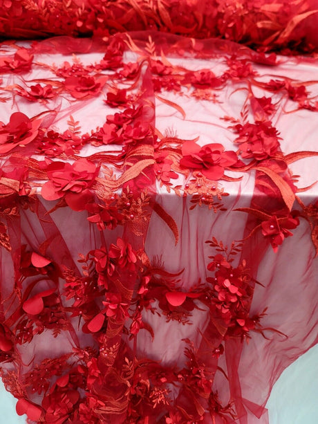 Red 3D Floral Embroidered Pearl Mesh Lace