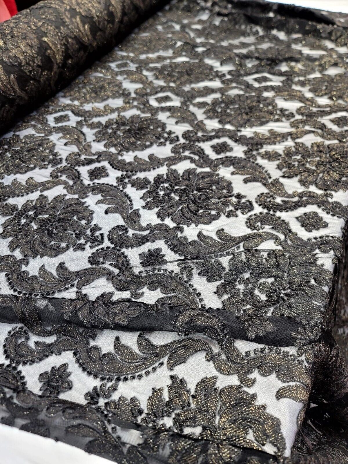 Embroidered Stretch Lace Fabric Black Gold Accent