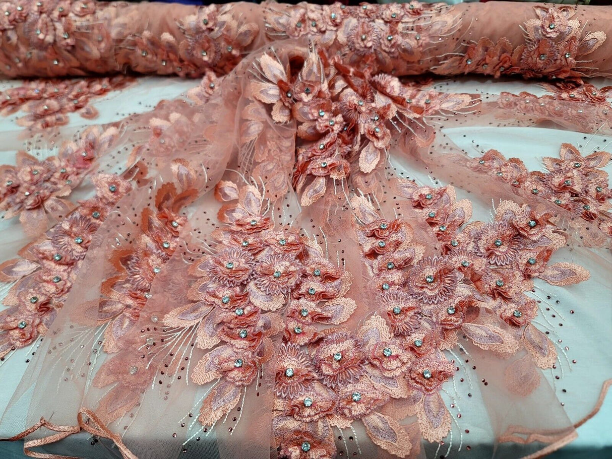 3D Floral Lace Coral Beaded