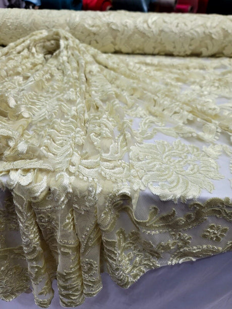 Embroidered Stretch Lace Fabric Sheer Floral Pale Yellow