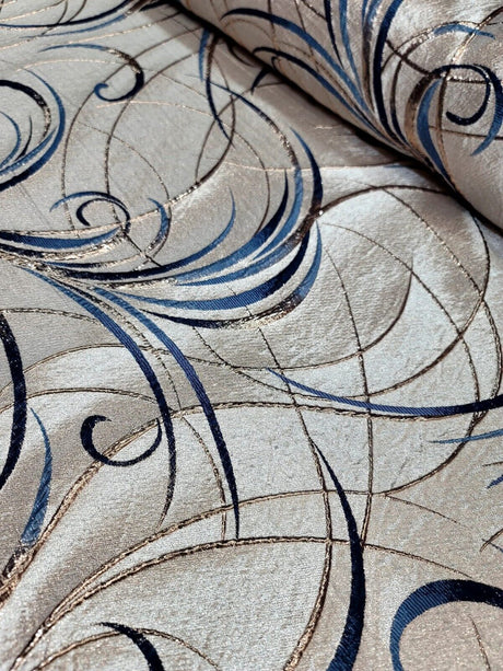 Brocade Jacquard Navy Blue Swirls Gold Metallic Beige