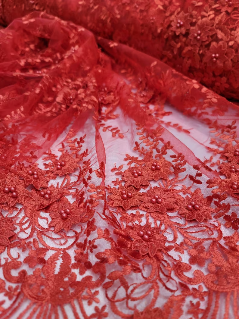 3D Flower Lace Embroidery Lace Fabric Red