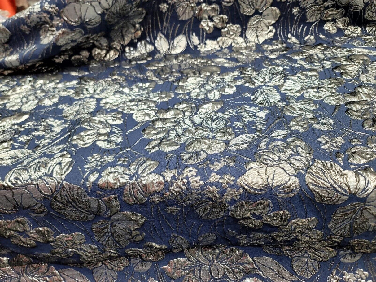Brocade Jacquard Navy Blue Silver Floral