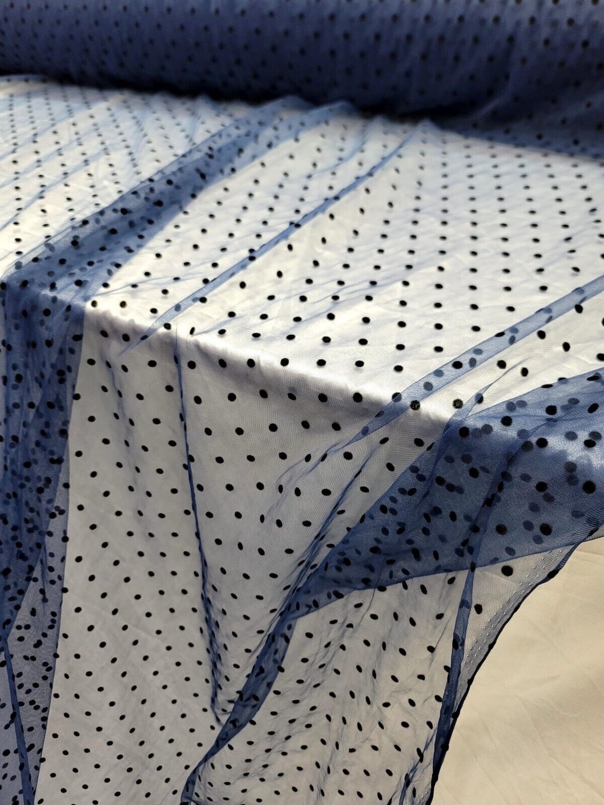 Tulle Mesh Fabric Navy Blue with Black Velvet Polka Dots