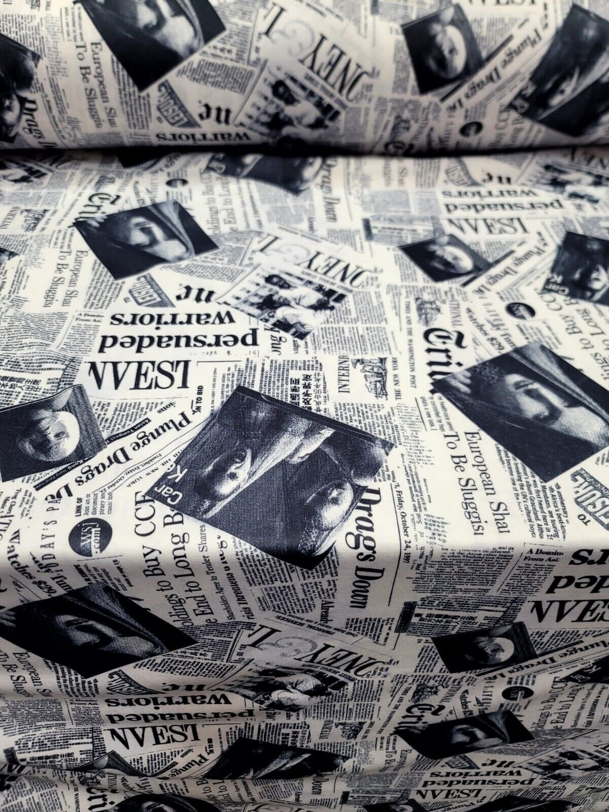 Cotton Newspaper Print Fabric Black and White
