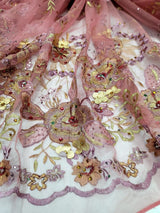 3D Floral Lace Fabric Coral Gold Rhinestone