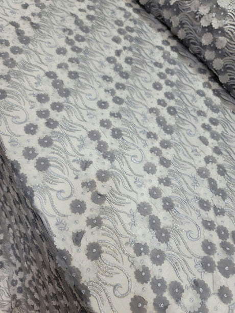 3D Floral Lace Gray Embroidery Sequin Fabric
