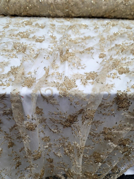 Gold Beaded Sequins Embroidery Bridal Lace
