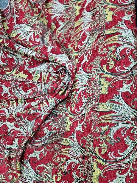 Red Gold Floral Damask Brocade Fabric