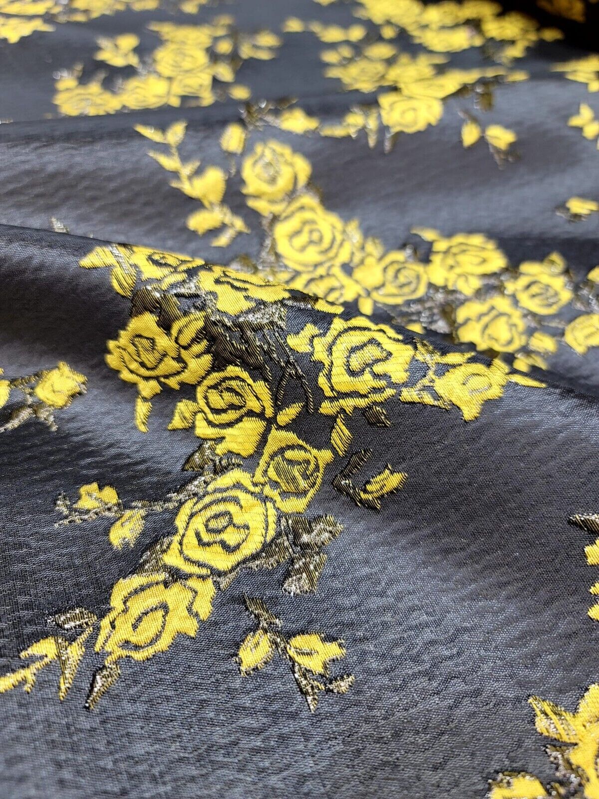 Floral Brocade Fabric Yellow Black