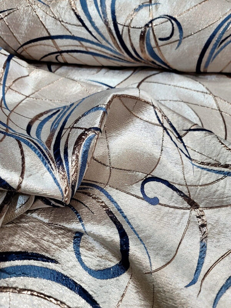 Brocade Jacquard Navy Blue Swirls Gold Metallic Beige