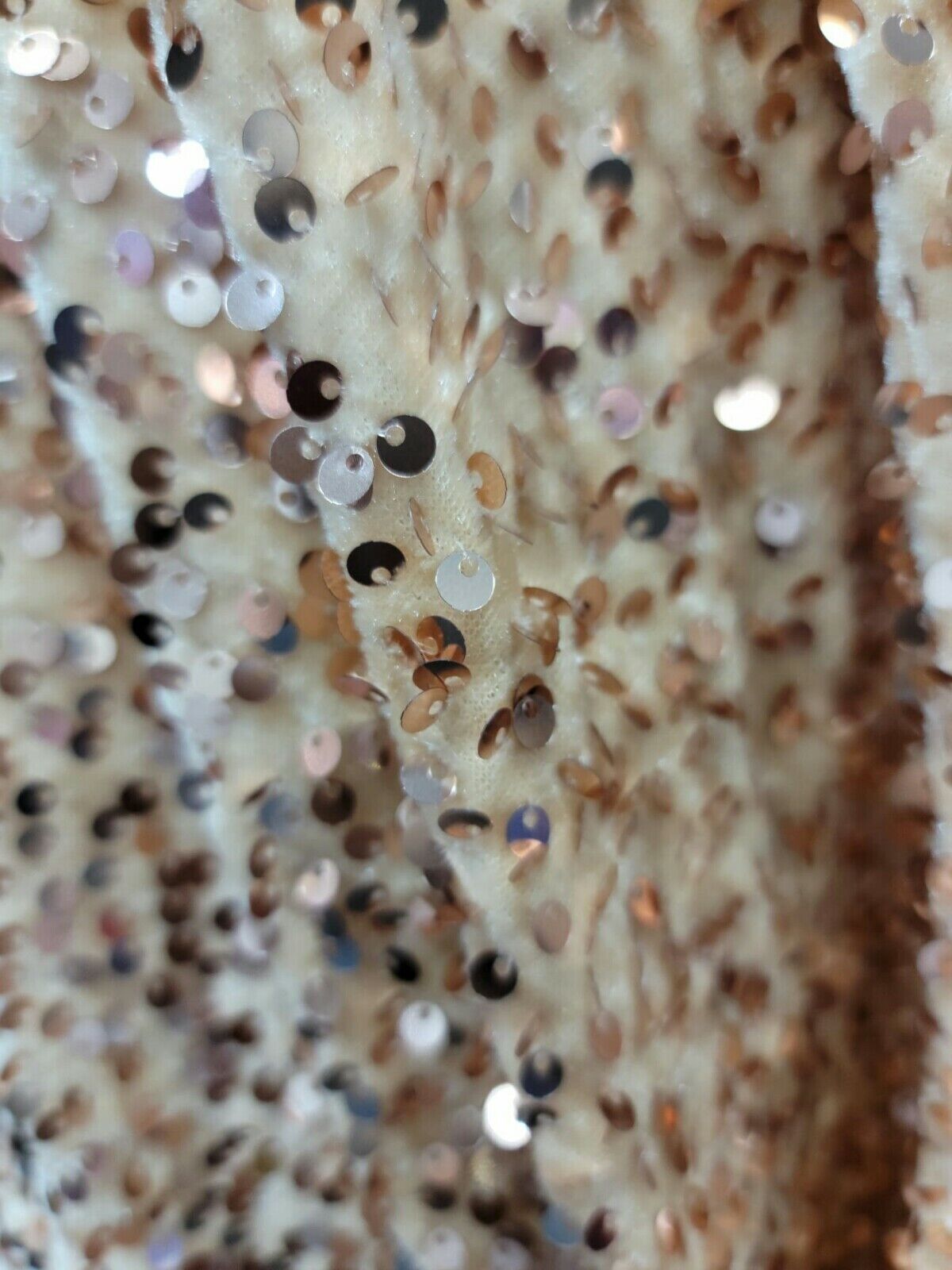 Stretch Velvet Fabric with Embroidery and Sequins Champagne Beige