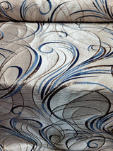 Brocade Jacquard Navy Blue Swirls Gold Metallic Beige