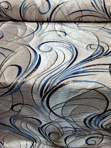 Brocade Jacquard Navy Blue Swirls Gold Metallic Beige