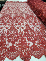 Beaded Lace Fabric Burgundy Floral Embroidery Mesh
