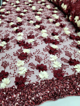 3D Floral Lace Burgundy Ivory Embroidered Mesh Fabric