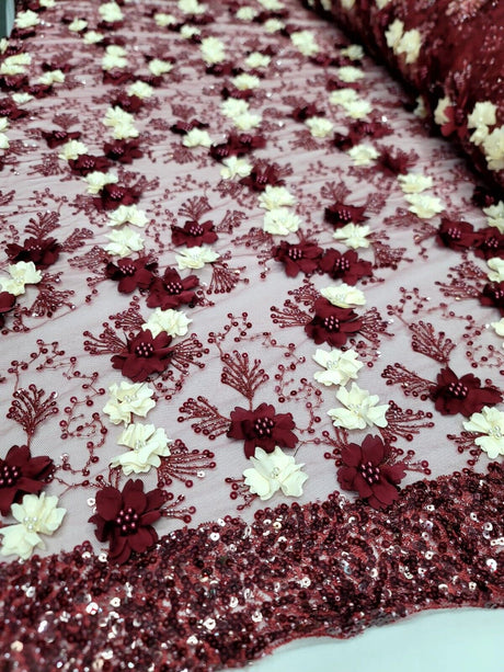 3D Floral Lace Burgundy Ivory Embroidered Mesh Fabric
