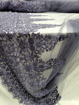 Beaded Embroidered Lace Fabric Purple Violet Edges