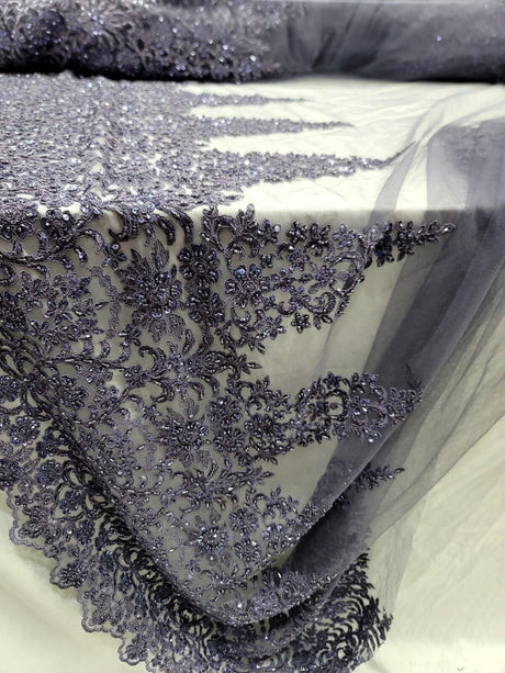 Beaded Embroidered Lace Fabric Purple Violet Edges