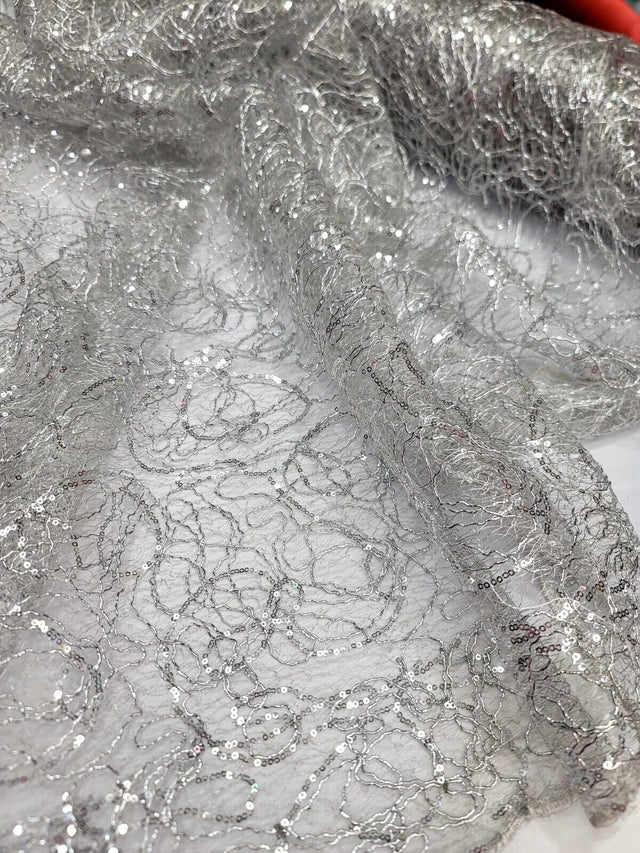 Sequin Mesh Spider Web Fabric Silver
